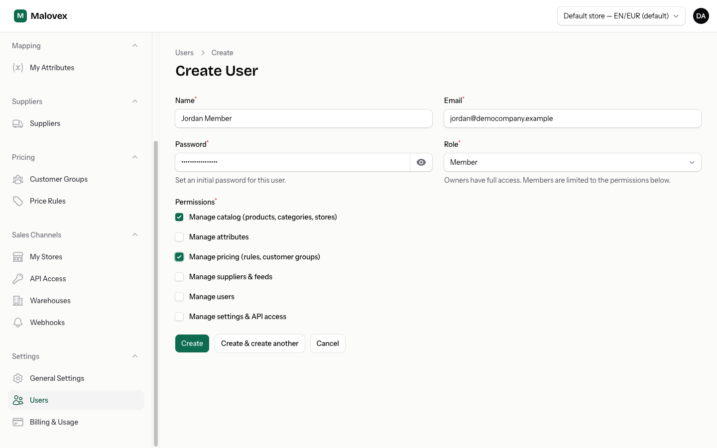 New user form for Demo Company with the Member role selected and the permission checklist visible