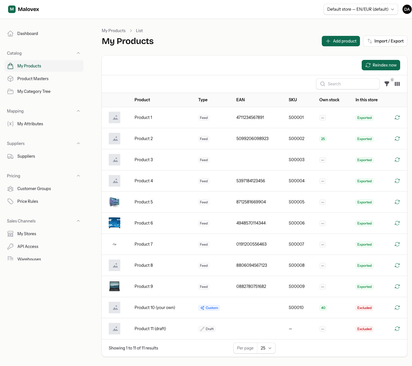 The My Products grid showing rows for Product 1 and Product 2 with image, type badge, SKU, own stock and store columns, plus the filter bar