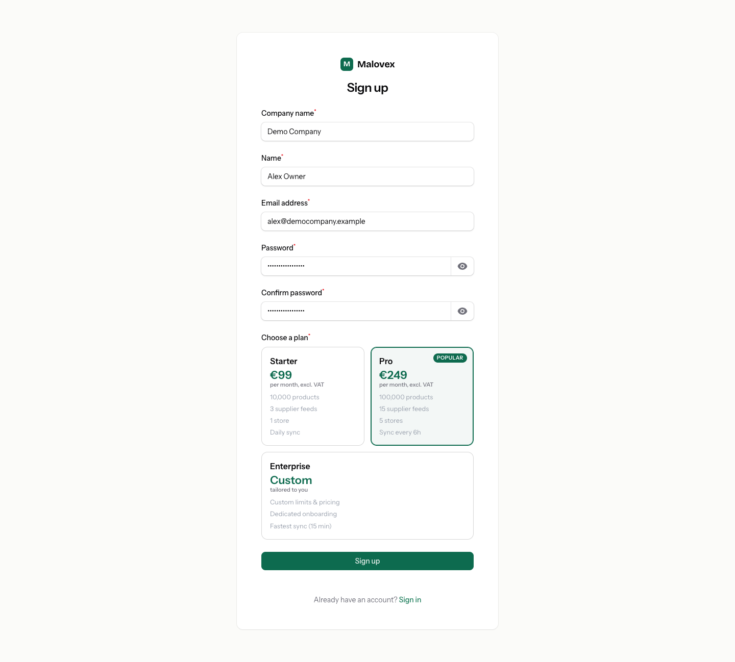 Malovex registration form for Demo Company with the plan cards showing Starter, Pro, and Enterprise