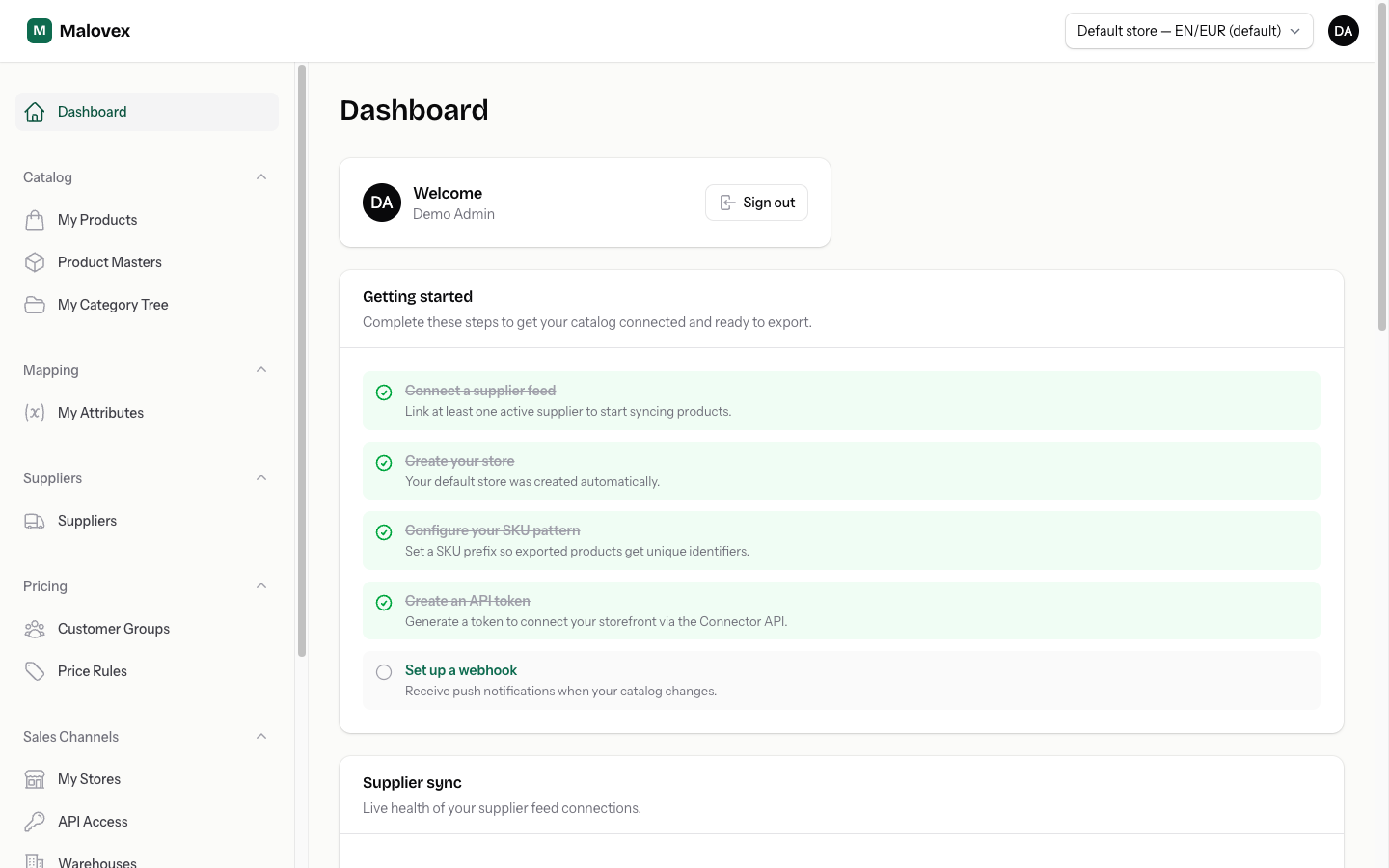Dashboard setup checklist for Demo Company showing five onboarding steps with done and not-done states