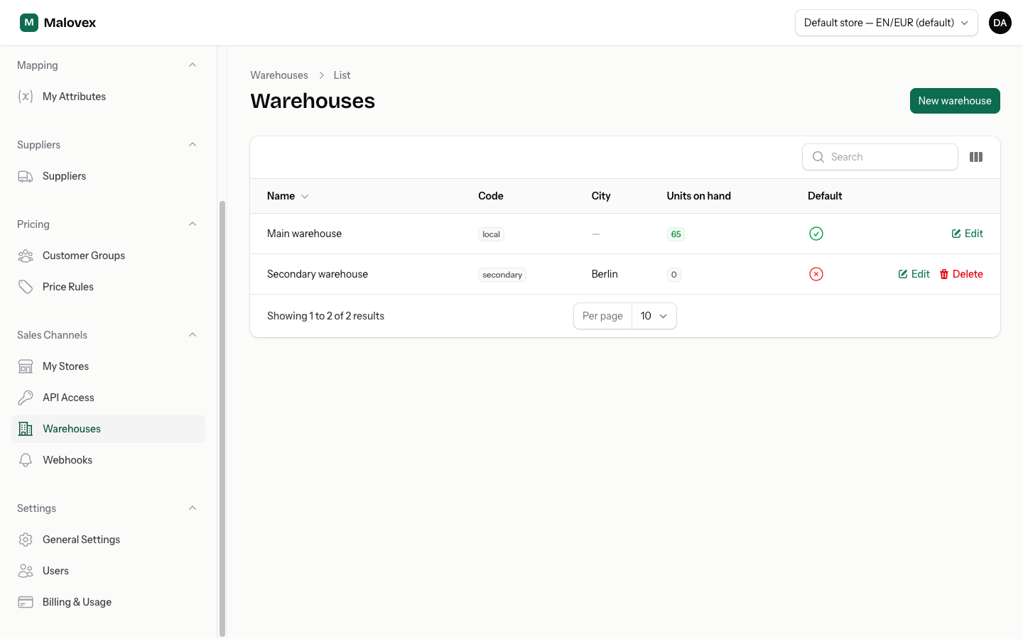 Warehouses list showing the Main warehouse marked default with units on hand
