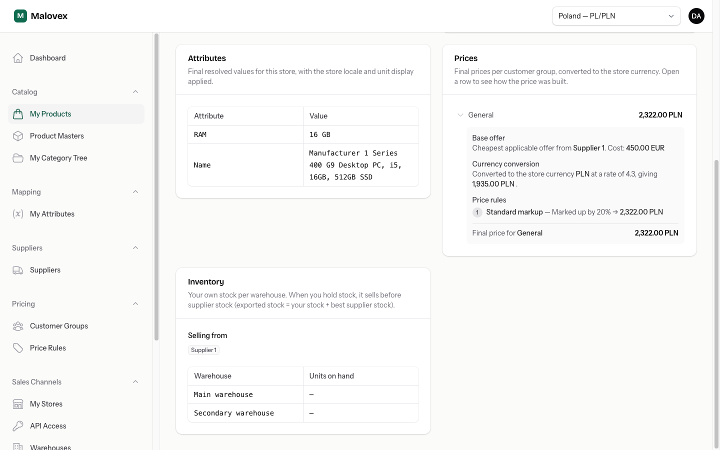 The price explanation for Product 1 showing the base offer, currency conversion, the applied price rules, and the final price for a customer group