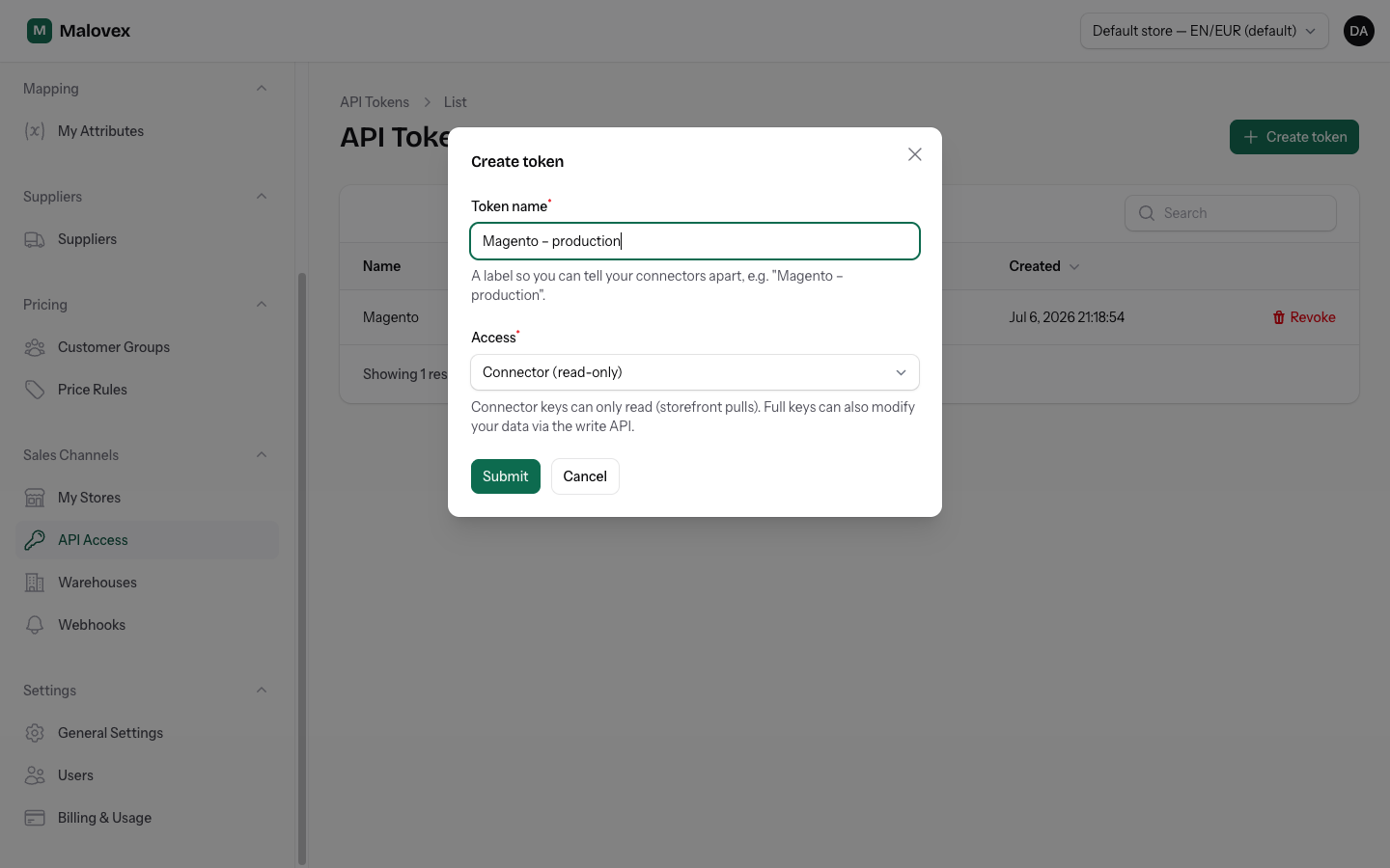 The create token form with fields for the token name and the access level