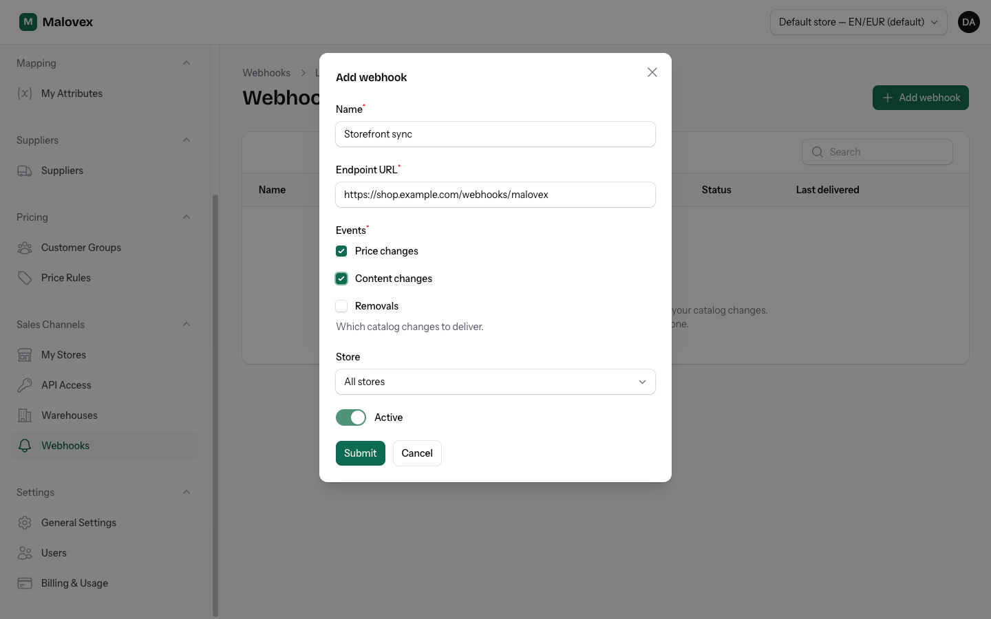 The webhook endpoint form with fields for the name, endpoint URL, catalog change types, and store scope