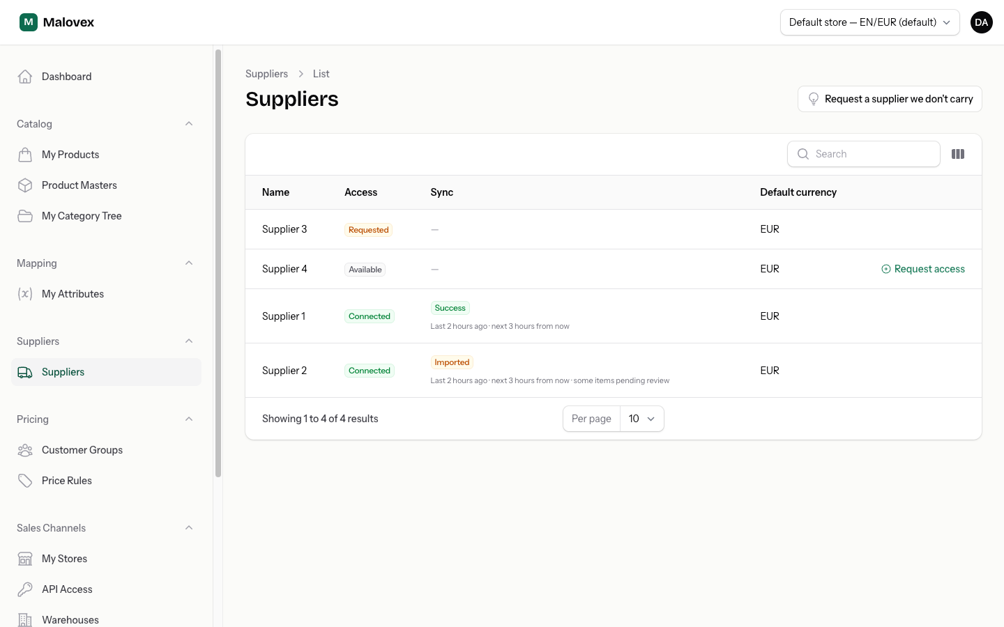 Supplier catalog listing suppliers with Available, Requested and Connected access badges