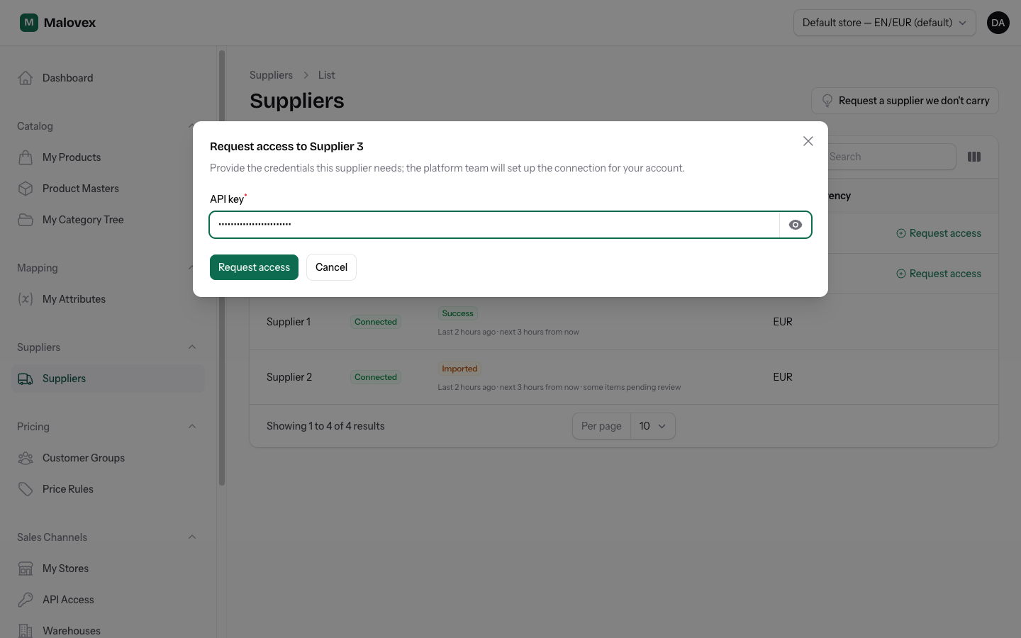 Request access modal showing supplier credential fields